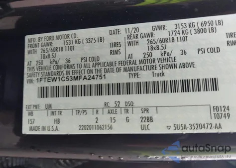 2021 Ford F-150 Lariat z USA, uszkodzony, nr VIN 1FTEW1C53MFA24751